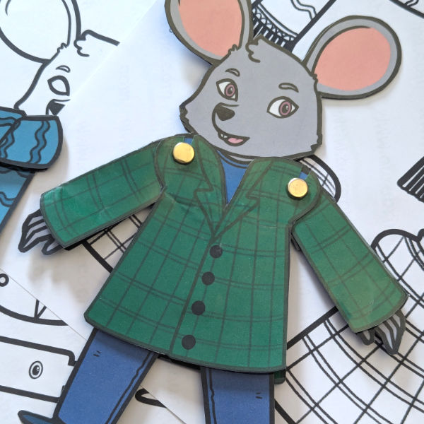 Pantin à imprimer - Souris au manteau vert